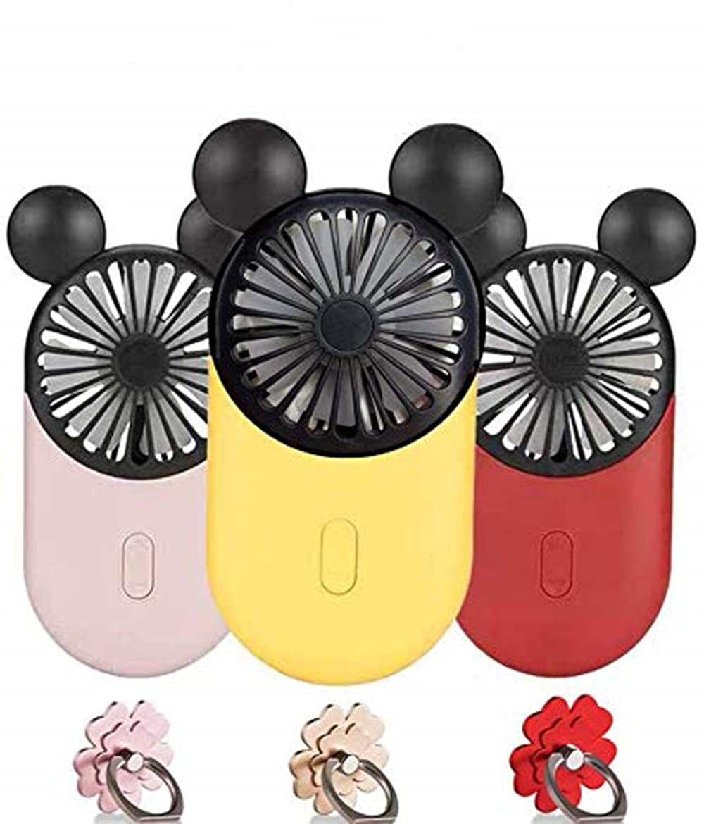 DECVO Cute Personal Mini Fan, Handheld & Portable USB Rechargeable Fan with Beautiful LED Light, 3 Adjustable Speeds, Portable Holder for Indoor Outdoor Activities, Cute Mouse 3 PACK (Red+Yellow+Pink)