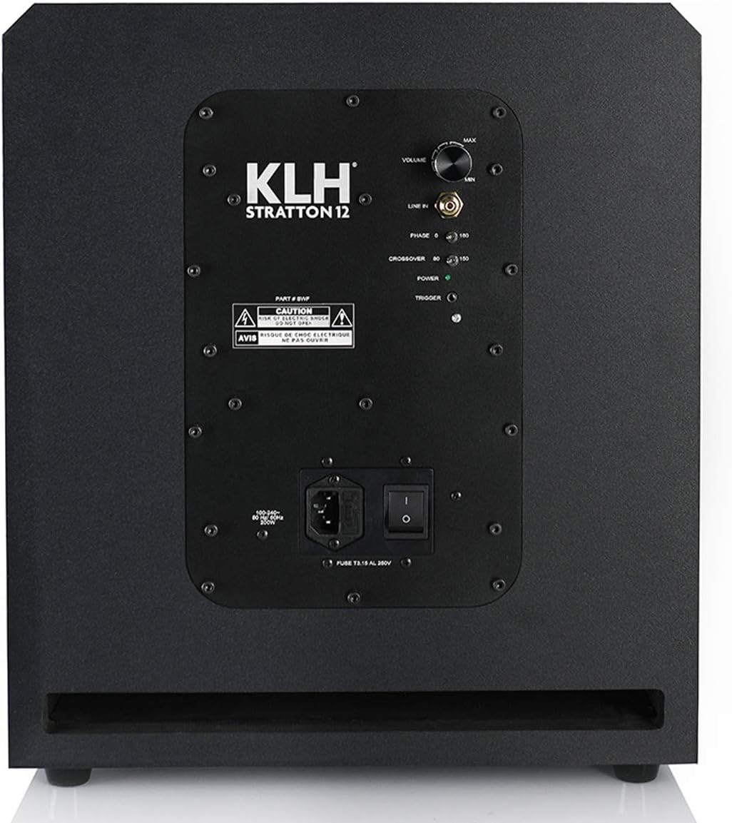 Rear panel of the KLH Stratton 12-inch Powered Subwoofer showing controls and connections