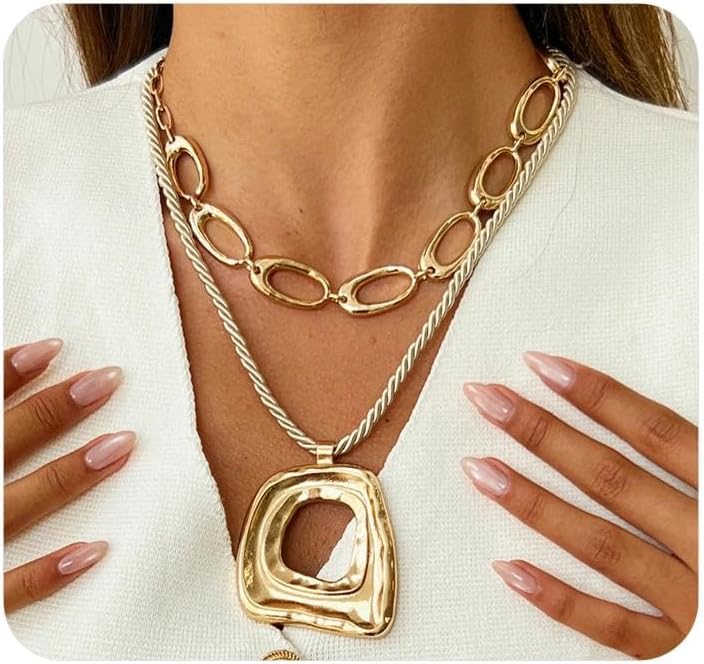 Layered Gold Chunky Cross Baroque Pearl Necklace for Women,Thick Cross Irregular Geometric Square Statement Pendant Necklace Trendy Party Jewelry Gift