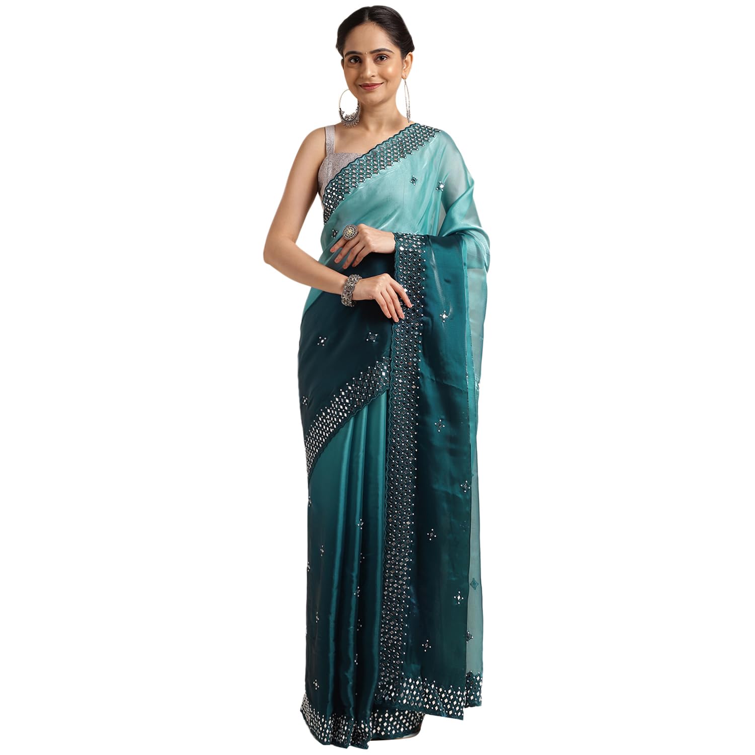 FABMORA Women's Designer Embellished Embroidered Organza Saree With Blouse Piece