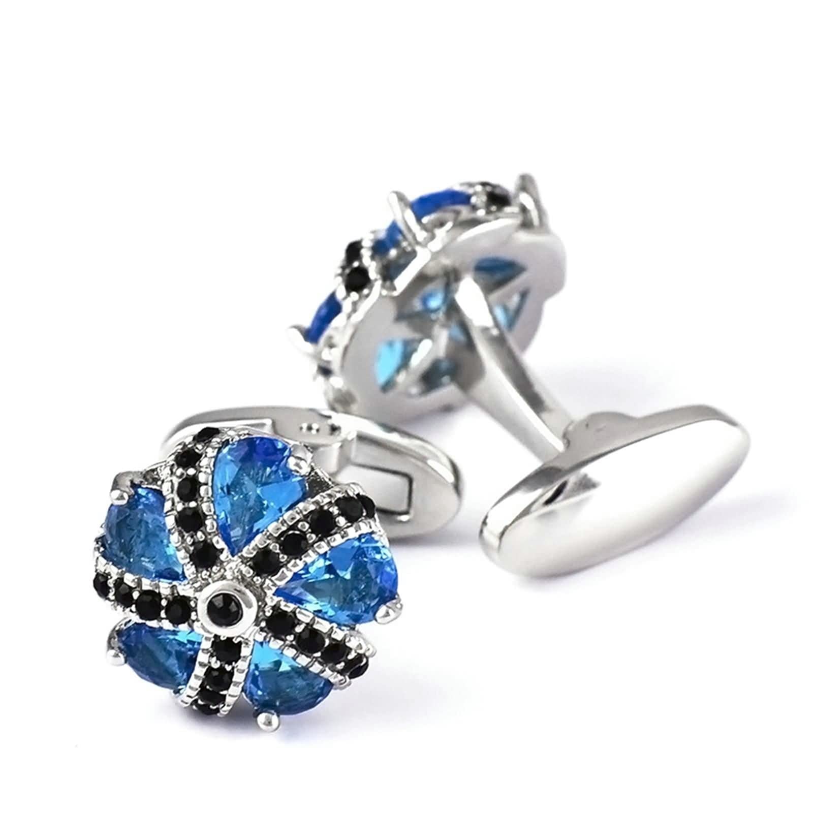 Wycian Gemelos Camisa Hombre, Gemelos Camisa Hombre Plateado Gota de Agua Flor Cristal Zirconia Cúbica Azul Negro para Camisa Traje Boda Negocios