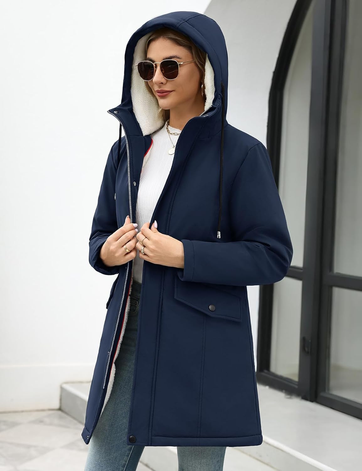 Women's Winter Rain Jackets Water-Repellent, Warm Fleece Lined Winter Rain Coats with Adjustable Hood & Hidden Pockets - Image 8