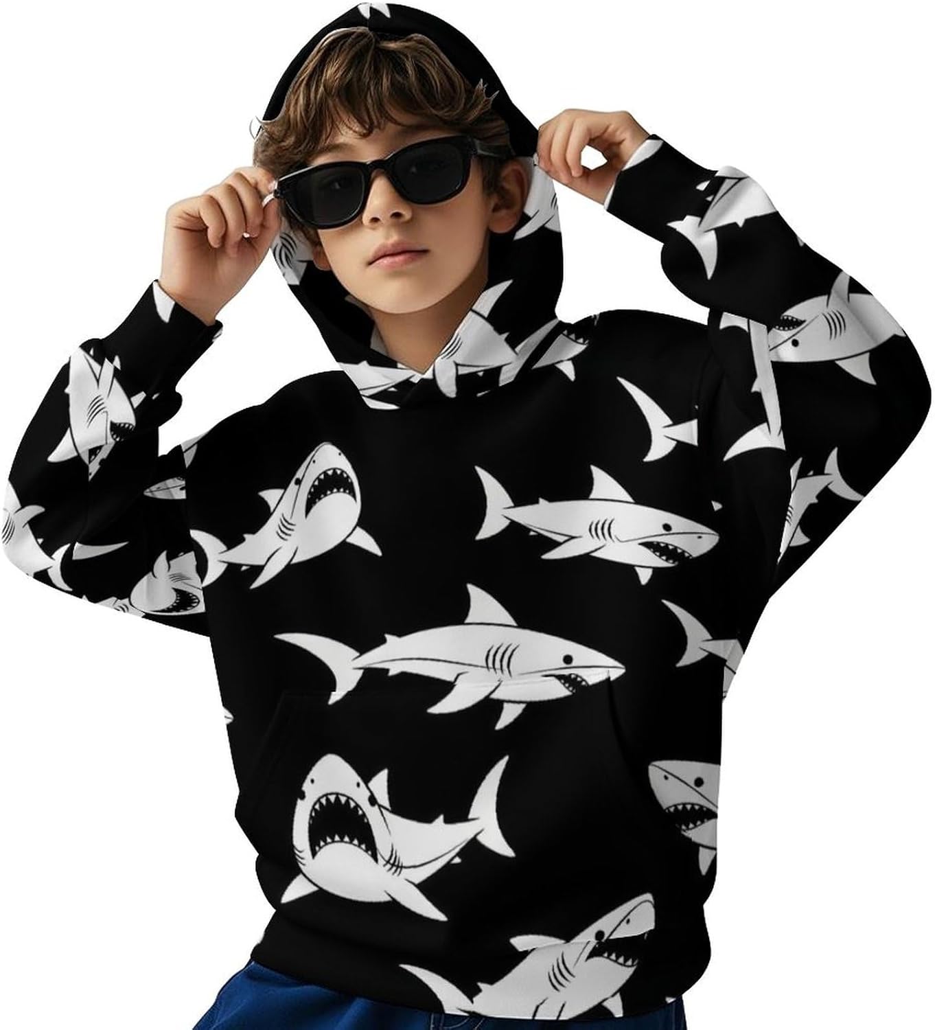 Boys Hoodies Kids Sharks Print Long Sleeve Hooded Sweatshirts