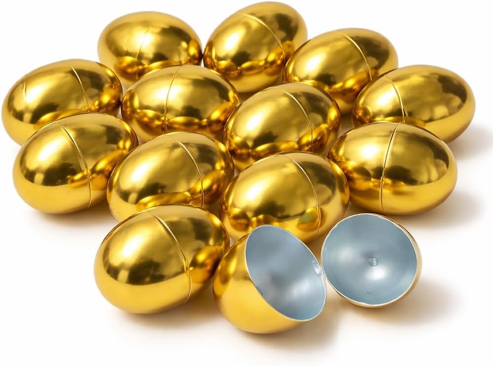 GiftExpress Gold Easter Eggs - 12 Piece Bulk 2.3" x 1.75" Golden Metallic Plastic Eggs Hinged - Adult & Kid Party Toys for Gift Easter Baskets or Egg Hunt Decor