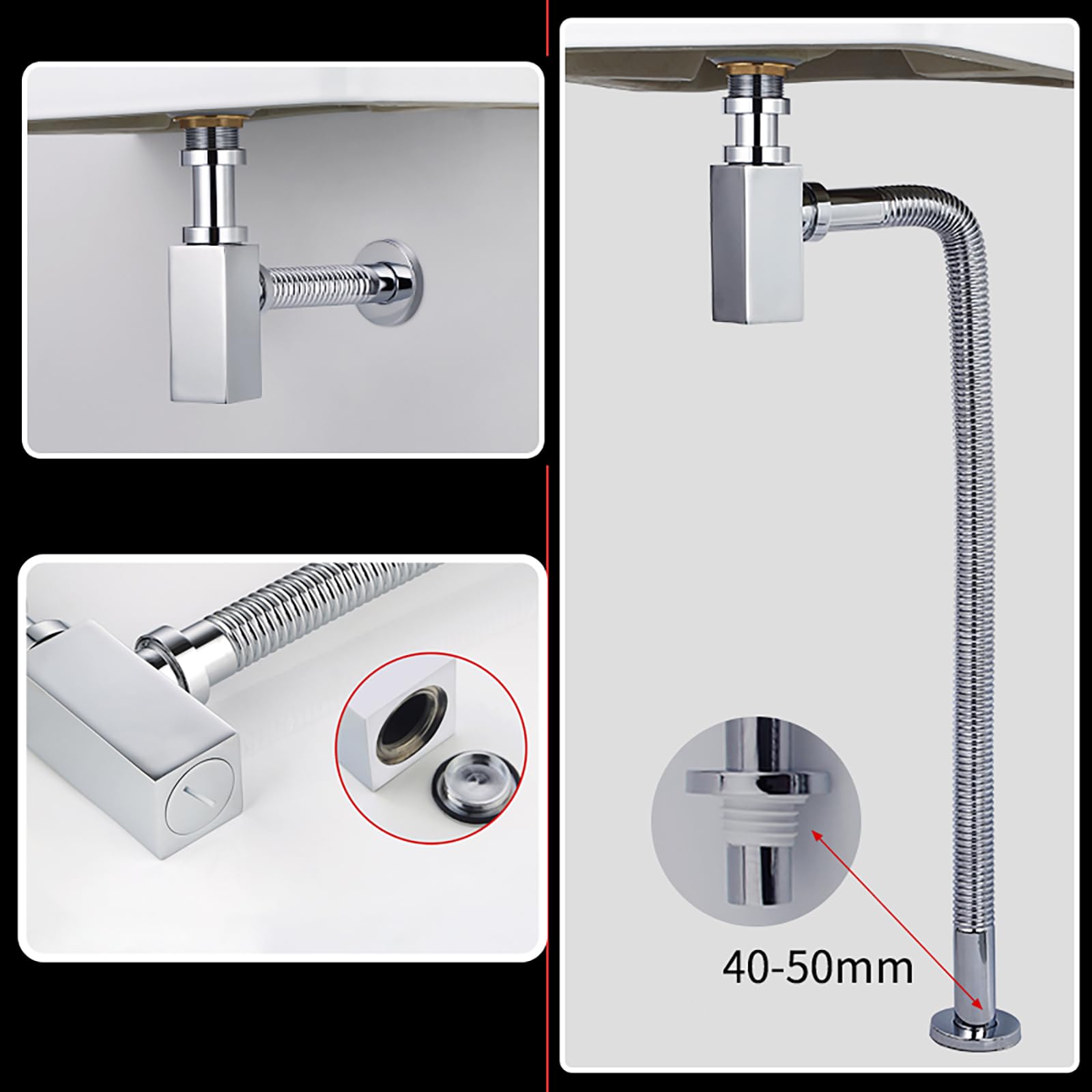 Siphon Waschbecken mit Pop Up Ablaufventil,Ablaufventil mit Überlauf,Geruchsverschluss,Höhenverstellbar,Flexibel Ausziehbar,Chrom