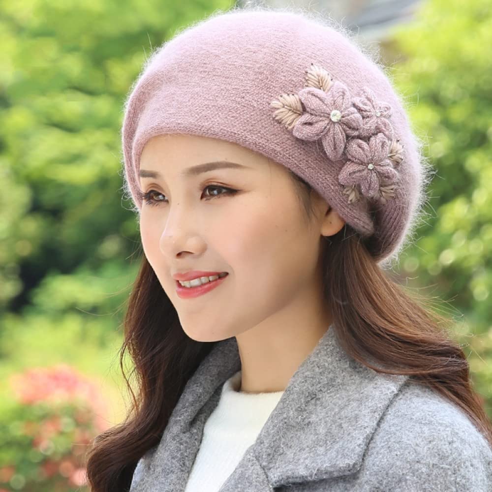 Damen Mütze,Wintermützen Für Damen Hellrosa Doppellagig Handgemachte Blumen Zirkonia Perlen Charme Kältebeständig Warme Weiche Strickmütze Für Schnee Skimützen Outdoor Sports Head Hats