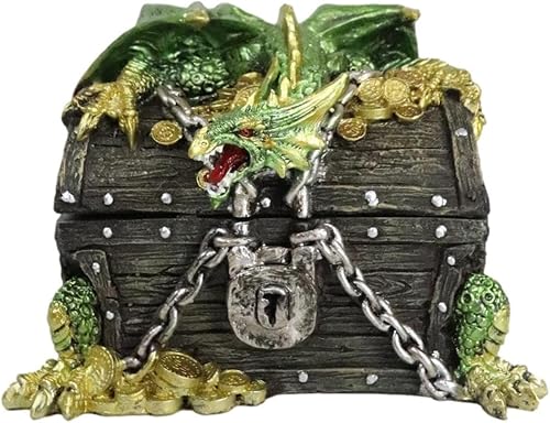Ebros Gift Joyero decorativo de dragón del tesoro de oro verde que se posa en el cofre de pirata encadenado, 6 pulgadas de largo, medieval,