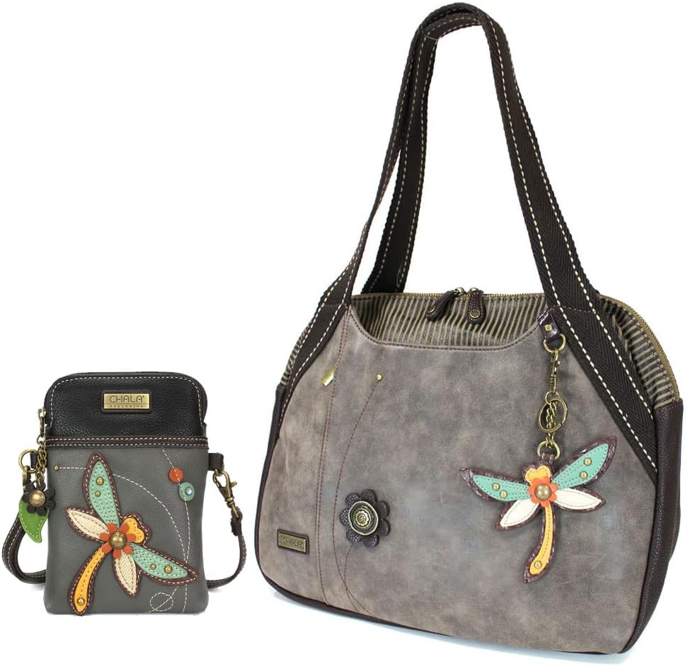 CHALA Handbag Bowling Handbag with Dragonfly Charm and Matching Dragonfly Cellphone Purse in Dark Grey…