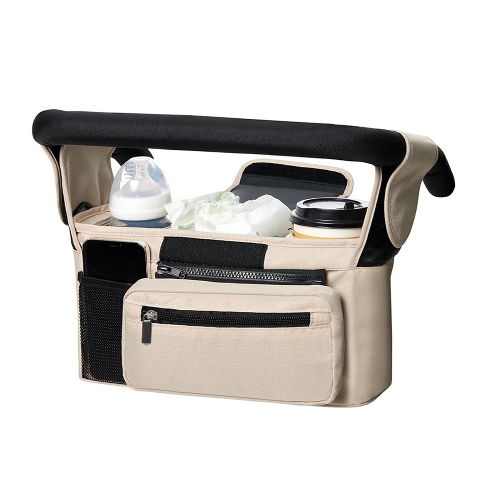 Universeller Kinderwagen-Organizer, mit isoliertem Getränkehalter, abnehmbarer Handytasche und Schultergurt, passend für Haustiere und (Beige)