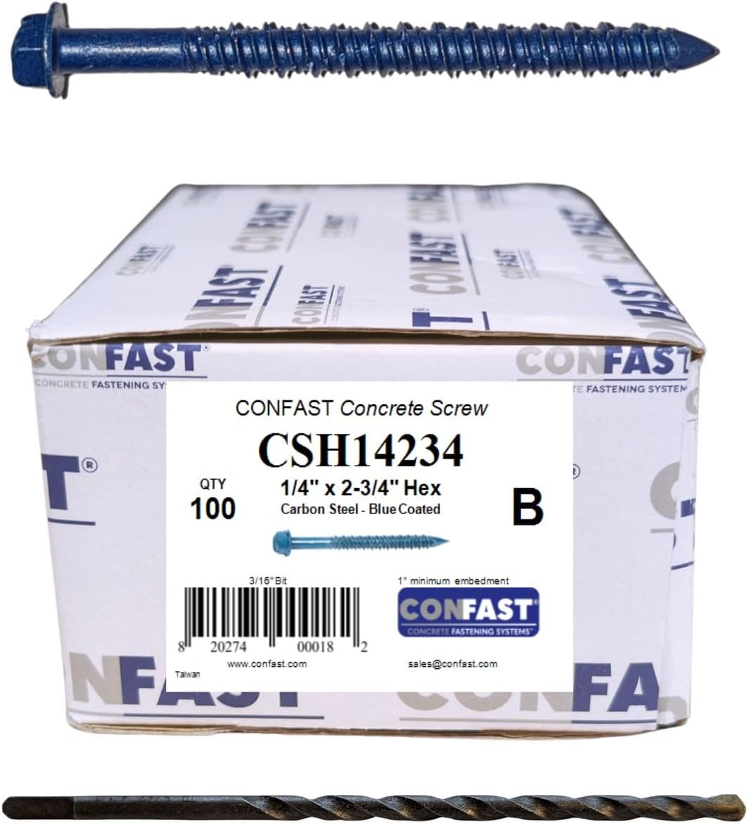 CONFAST 1/4" x 2-3/4" Hex Head Concrete Screw Anchor with Drill Bit for Anchoring to Masonry, Block or Brick (100 per Box)