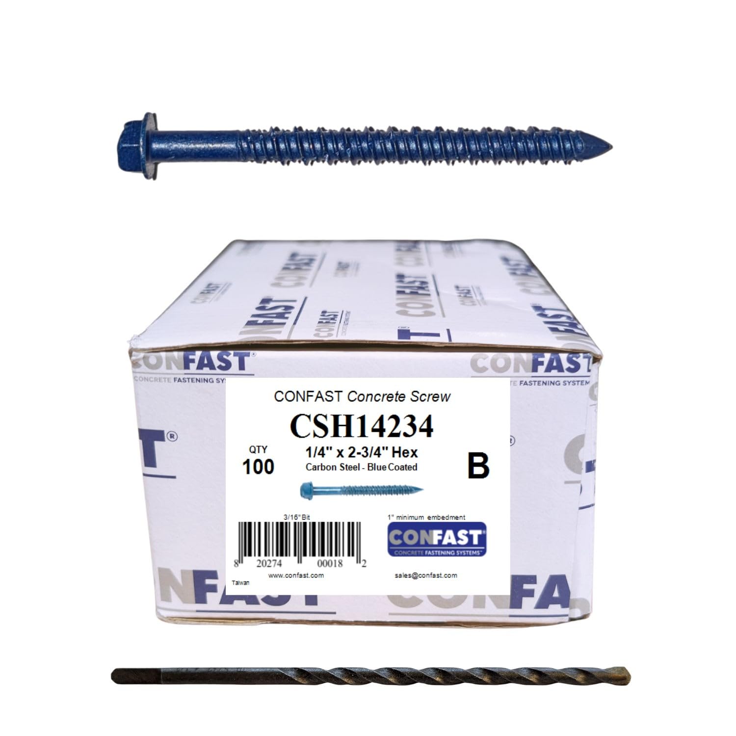 CONFAST 1/4" x 2-3/4" Hex Head Concrete Screw Anchor with Drill Bit for Anchoring to Masonry, Block or Brick (100 per Box)