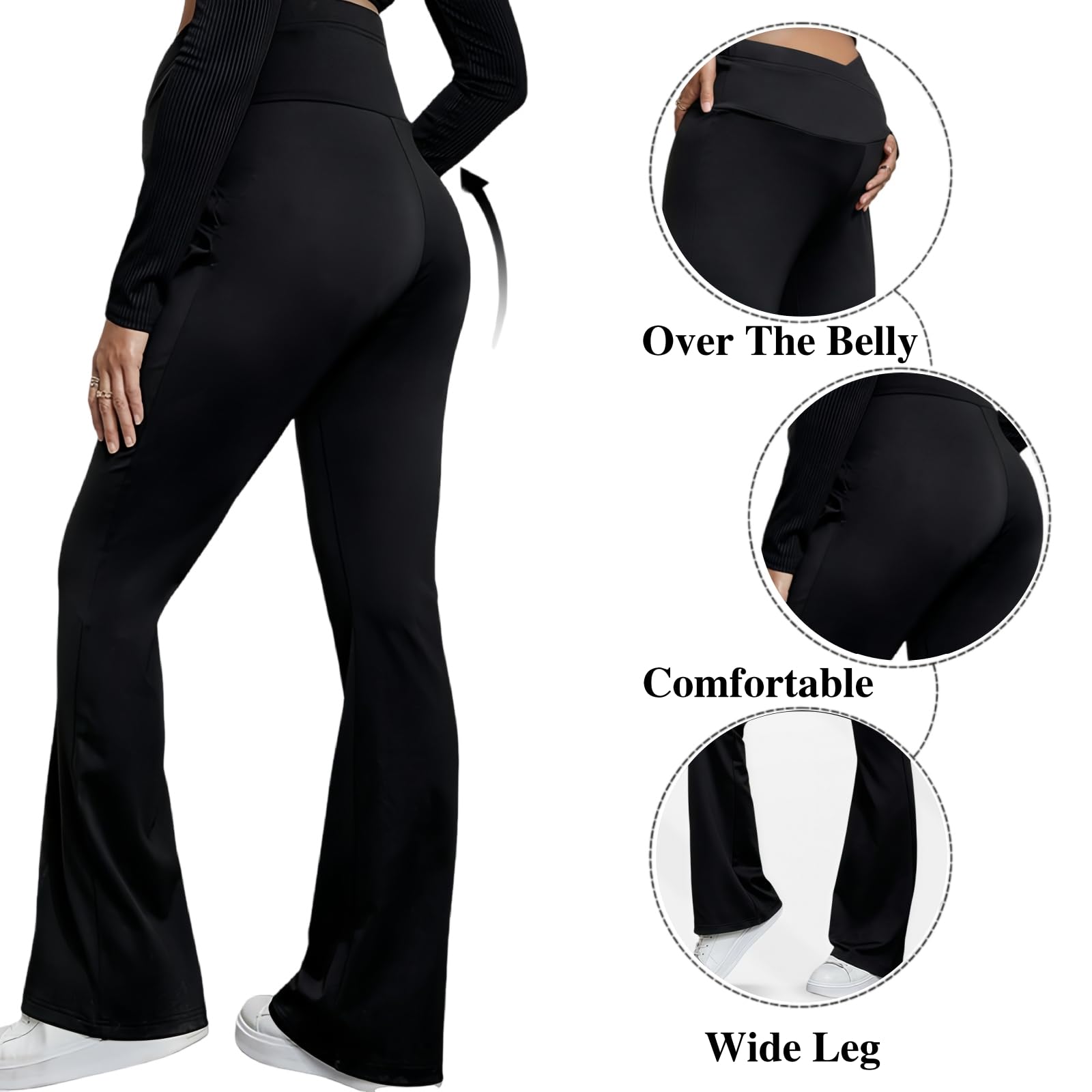 MANJIAMEI Pantalon de Grossesse Jambes Larges Femmes Taille Haute Doux et Élastique Vientre Entierement Couvert Pantalon de Sport de Grossesse Vêtements Loungewear Pantalon Évasé
