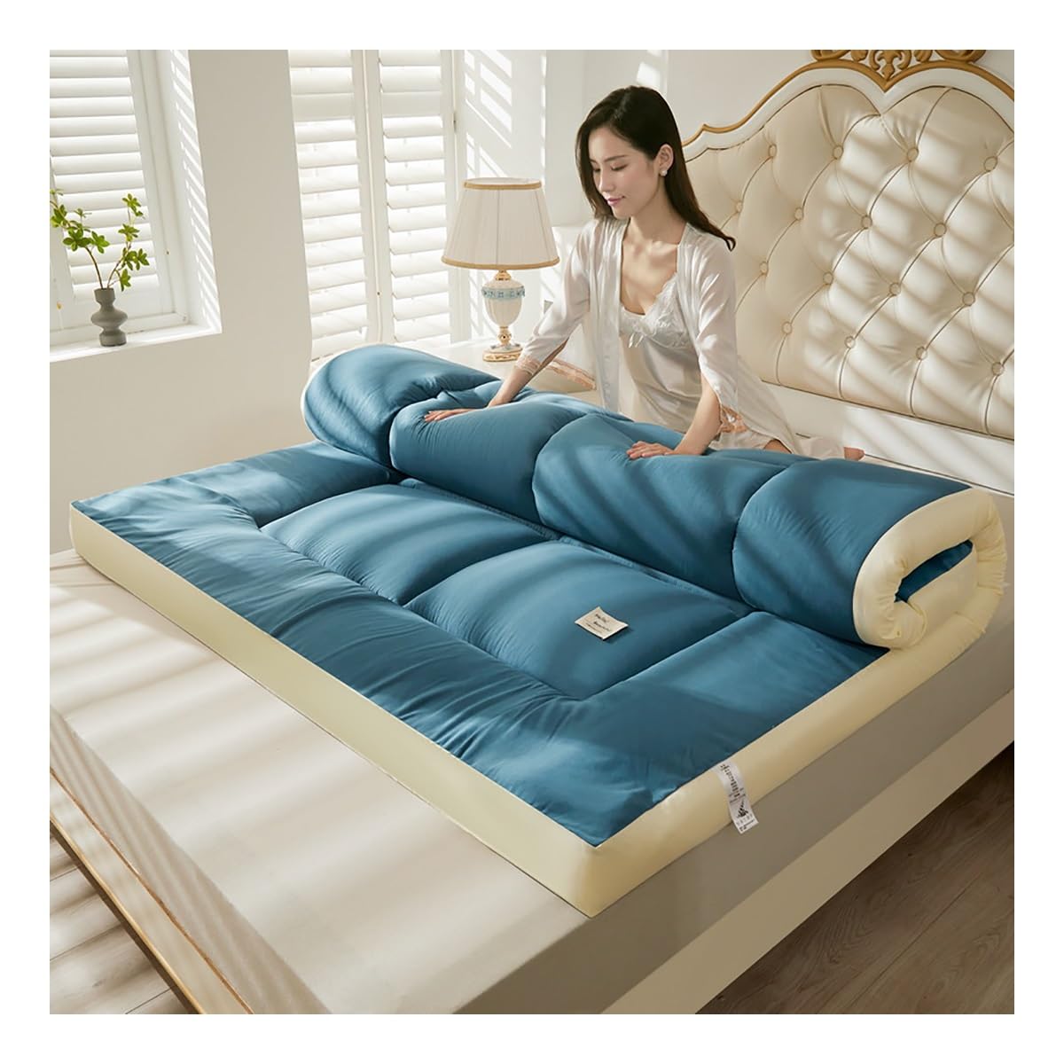 Topper per materasso ultra felpato in fibra alternativa, dimensioni standard, morbido cotone traspirante, per pavimenti, biancheria da letto in stile giapponese (blu, 120 x 200 cm)