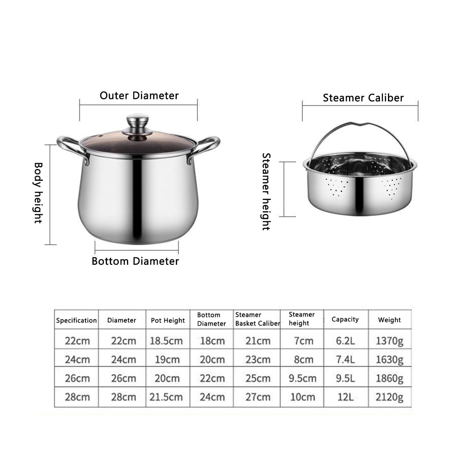 Olla de acero inoxidable con vapor, 24/26/28 cm, olla multiusos para cocinar salsas, pasta, pasta y mariscos (24 cm)