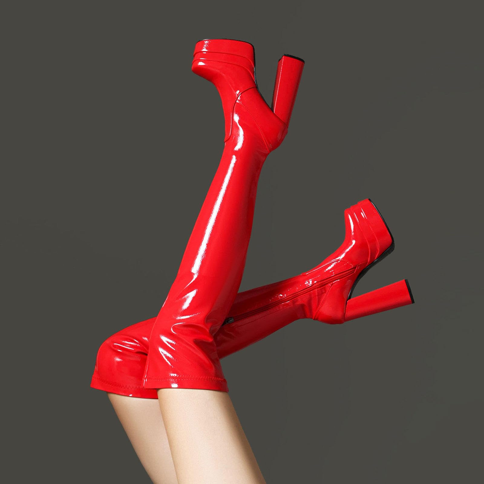 Talons Hauts Bottes Cuissardes Plateforme Femmes Talons Épais Carrés Bottes Extensibles Au Dessus Du Genou Chaussures Soirée 15cm,Red-48