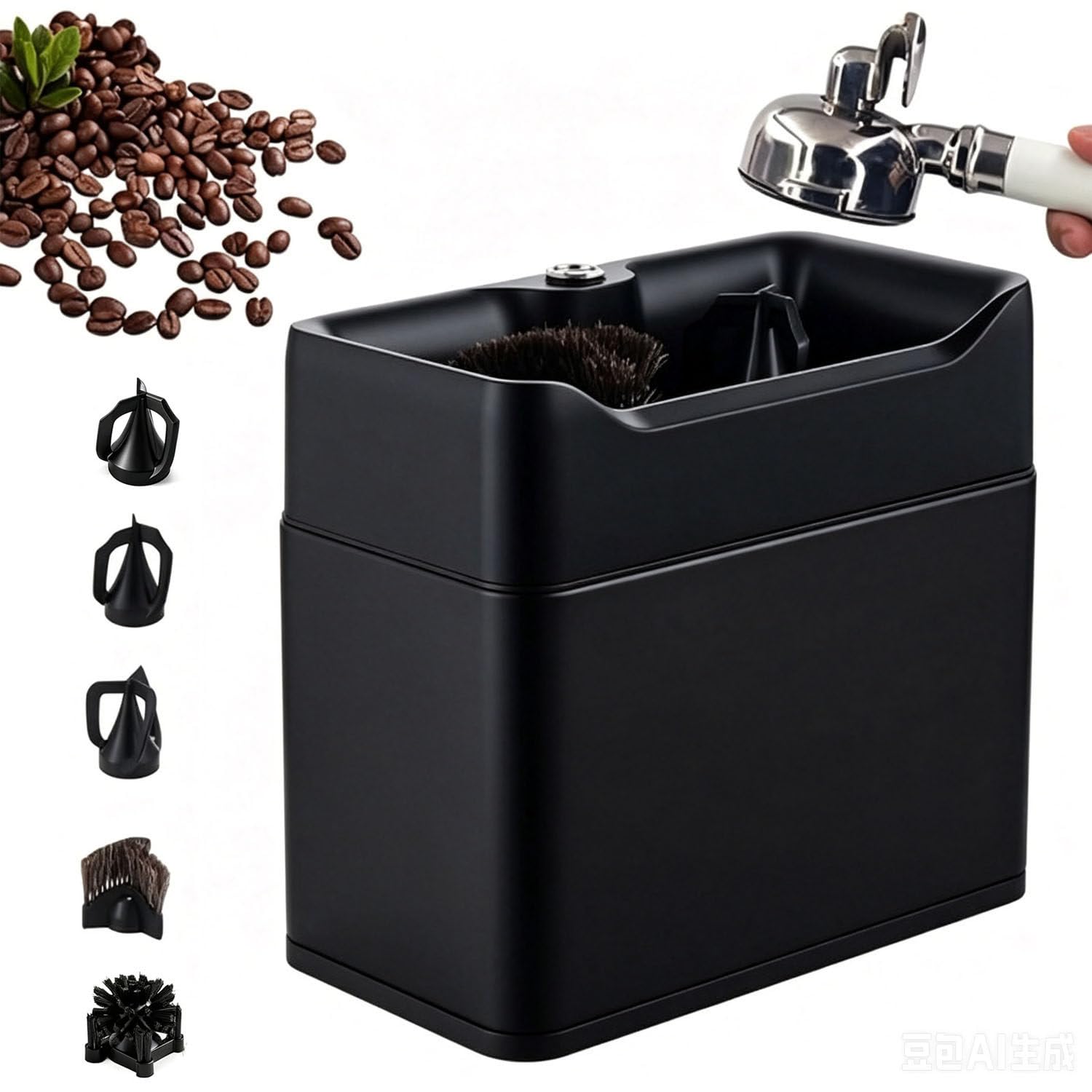 Limpiador eléctrico de portafiltros,máquina automática de limpieza de portafiltros de café,3 raspadores (compatible con portafiltros de 51mm/58mm) y recipiente de residuos (knock box) de 3L Black