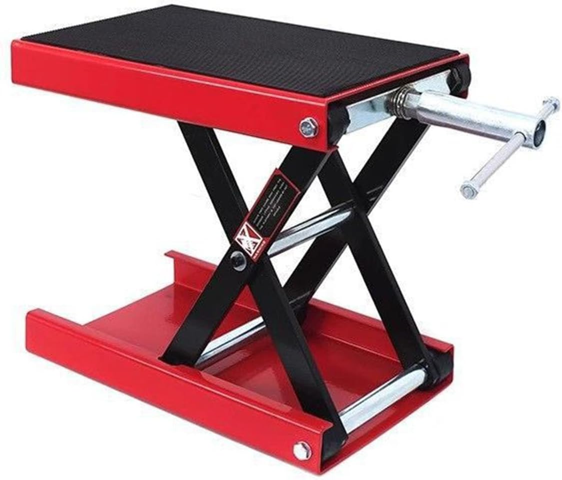 500KG Motorcycle Scissor Lift Jack – Dolly & Hand Crank, Wide Deck & Tool Tray for Street, Cruiser & Touring Bikes (Black)