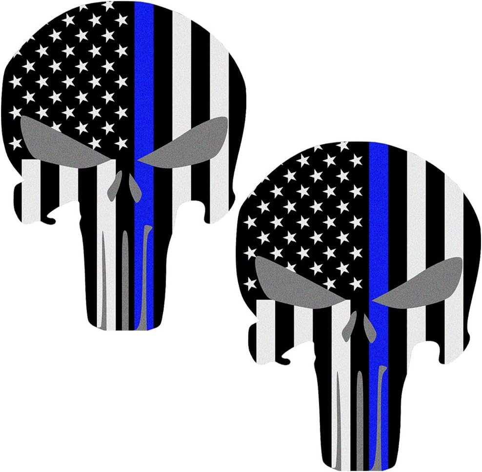 Reflective Punisher Skull 5.5 x 4.1 inch & US flag Decals with Thin Blue Line for Cars & Trucks, American USA Flag Decal Sticker Honoring Police Law Enforcement Window Bumper Vinyl Stickers (2-PACK)