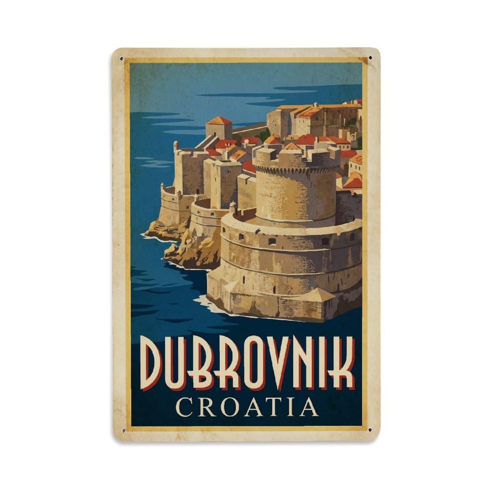 Travel Retro Croatia Dubrovnik Metal Tin Sign Plaque Wall Decor for Cafe, Club Bar, Office, Garden Metal Poster 8x12Inch