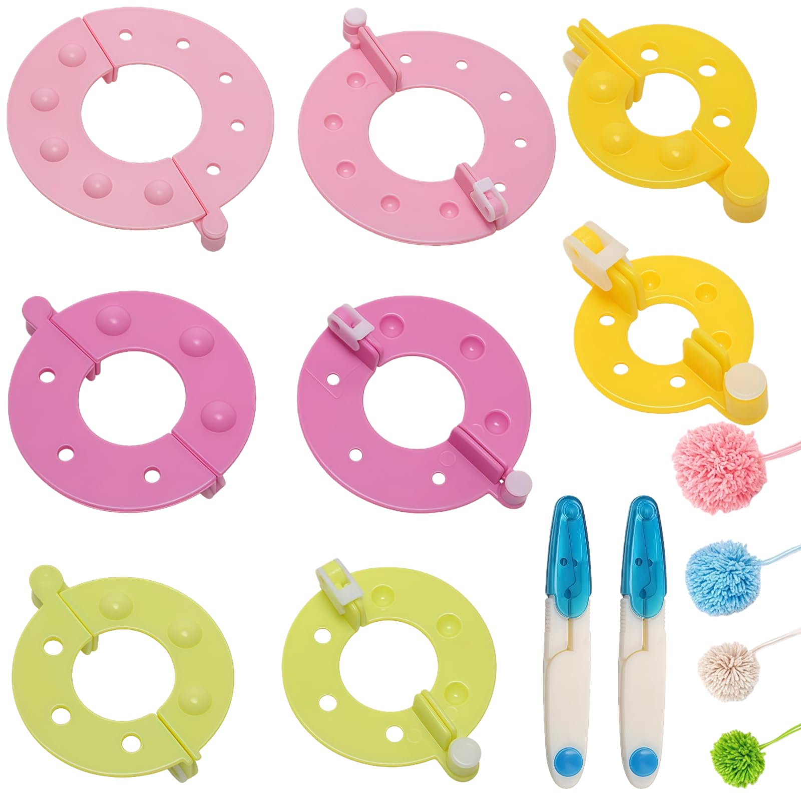 10Pcs Pom Pom Maker Kit, 4 Sizes Pompom Makers with Small Scissors, DIY Pompom Craft Fluff Ball Weaver Knitting for Hats, Dolls
