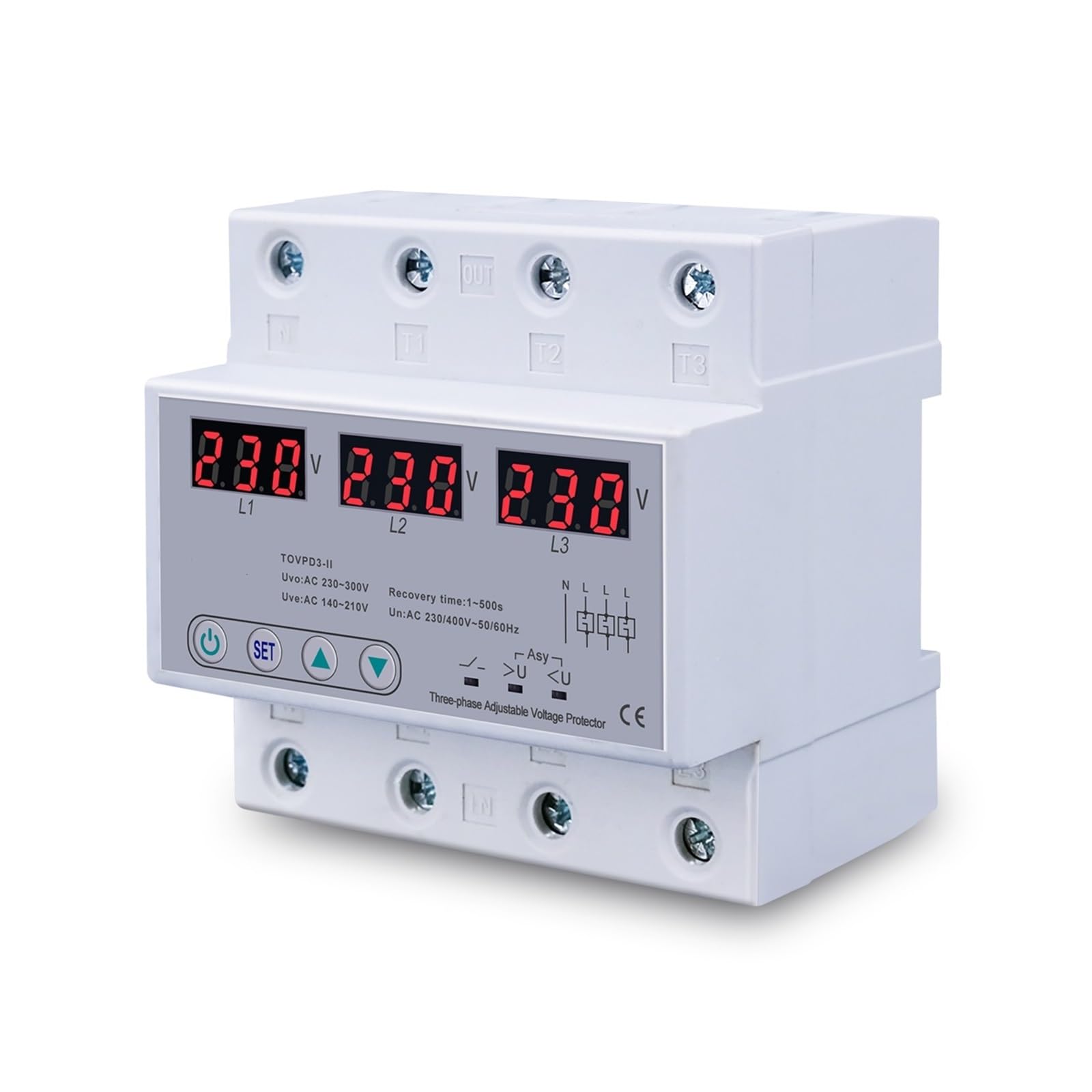 RWRAPS Protector de Voltaje Voltímetro trifásico Ajustable Protector de sobrevoltaje y bajo Voltaje Dispositivo de protección de recuperación automática trifásico reinicio 63A 380V