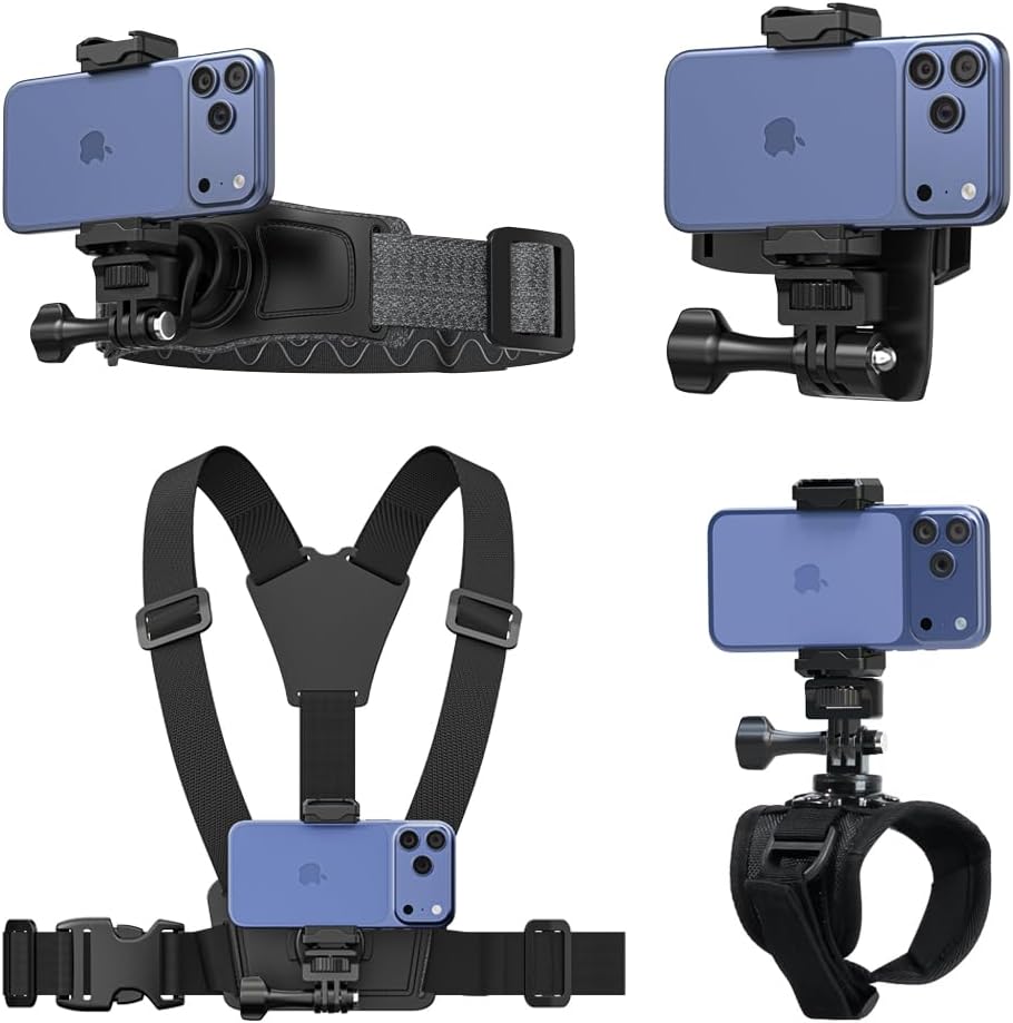 4 in 1 Phone Accessories Kit, Quick Release Head Strap Mount + Chest Mount Harness + Backpack Clip Holder + Palm Strap Kit for POV/VLOG,Cell Phone Clip Compatible with iPhone,Samsung and More Phones