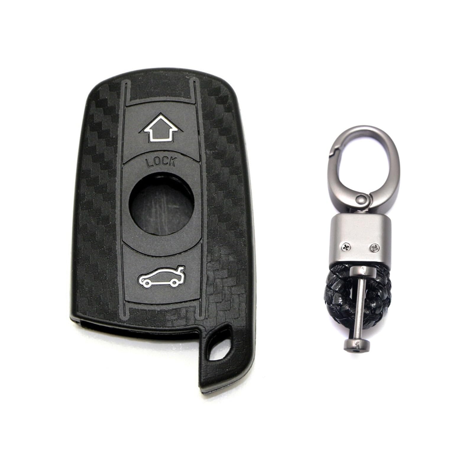 Xotic Tech Carbon Fiber Pattern Soft Silicone Key Fob Shell Cover Case w/Keychain, Compatible with BMW 1 3 5 6 Series X5 X6 Z4 2-Button Smart Keyless Entry Key