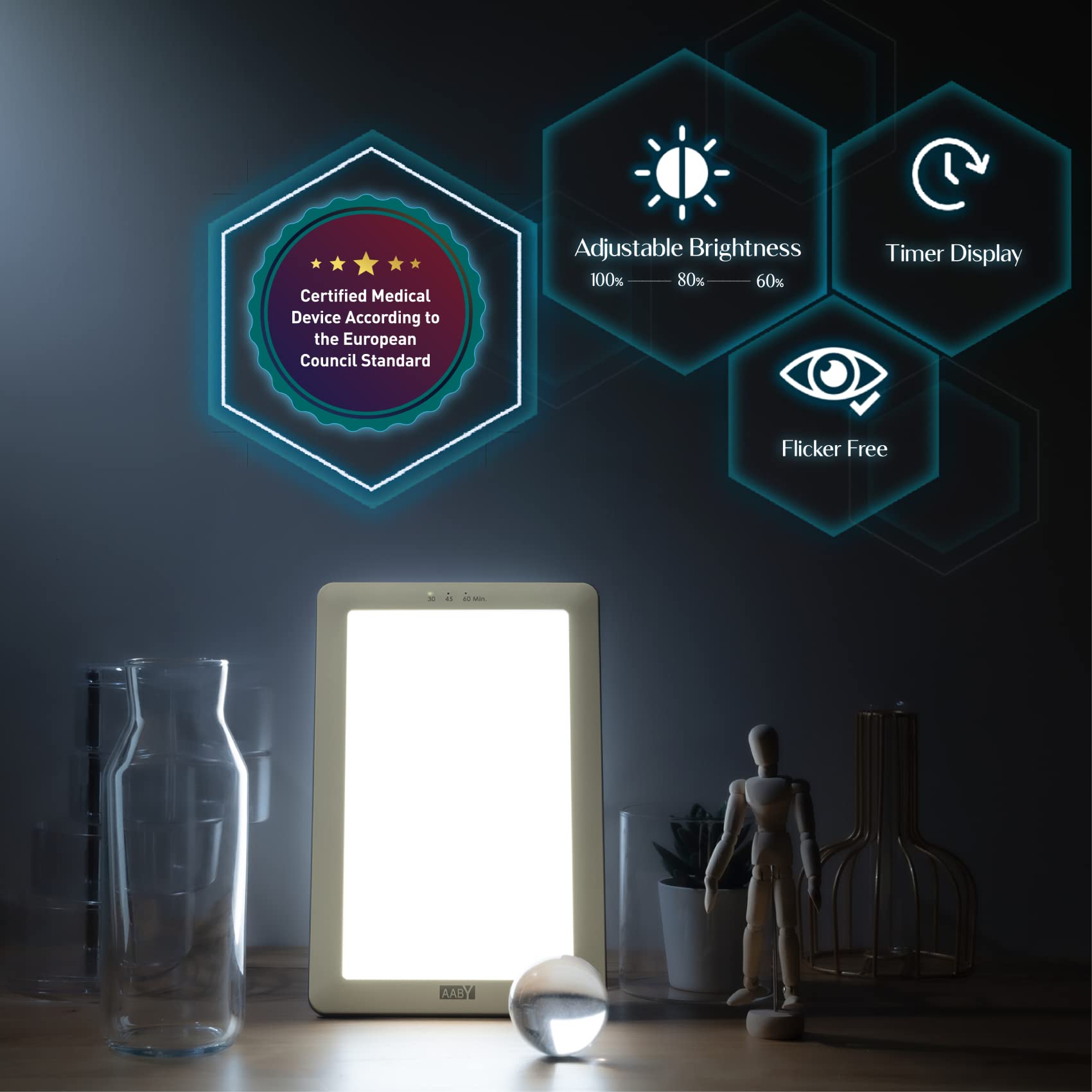 AABY Premium Daylight Therapy Lamp - Medically Certified Mood Light - UV & Flicker Free 10,000 Lux Bright White LED Light, w/3-Step Brightness & Timer Options - Fold-Out Stand Built-In (Yellow)