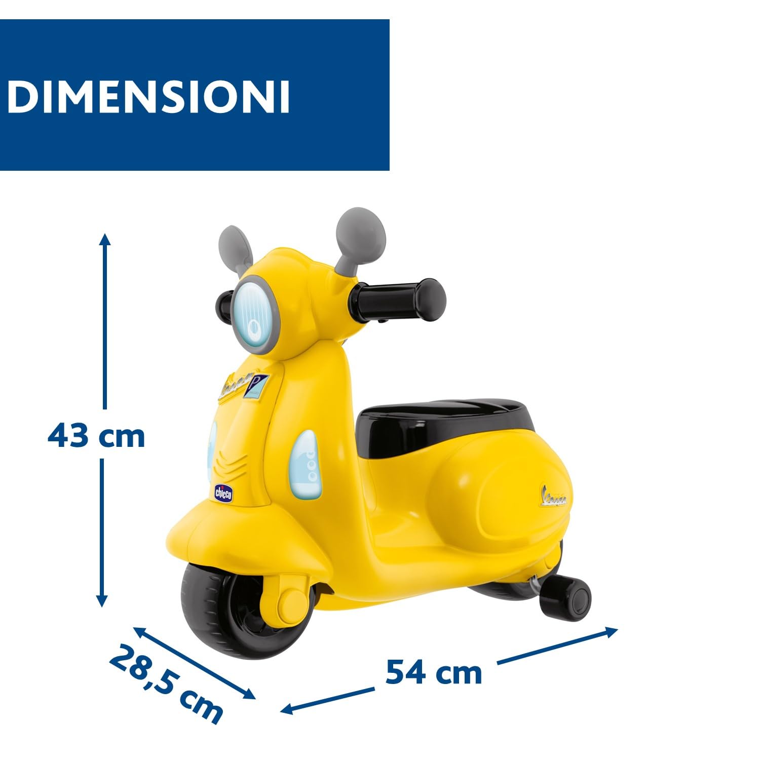 Chicco Vespa per Bambini, Moto Giocattolo Cavalcabile con Pannello Elettronico, Luci e Suoni, Ruote di Supporto Rimuovibili, Max 25 Kg - Giochi per Bambini 1-3 Anni, Giallo