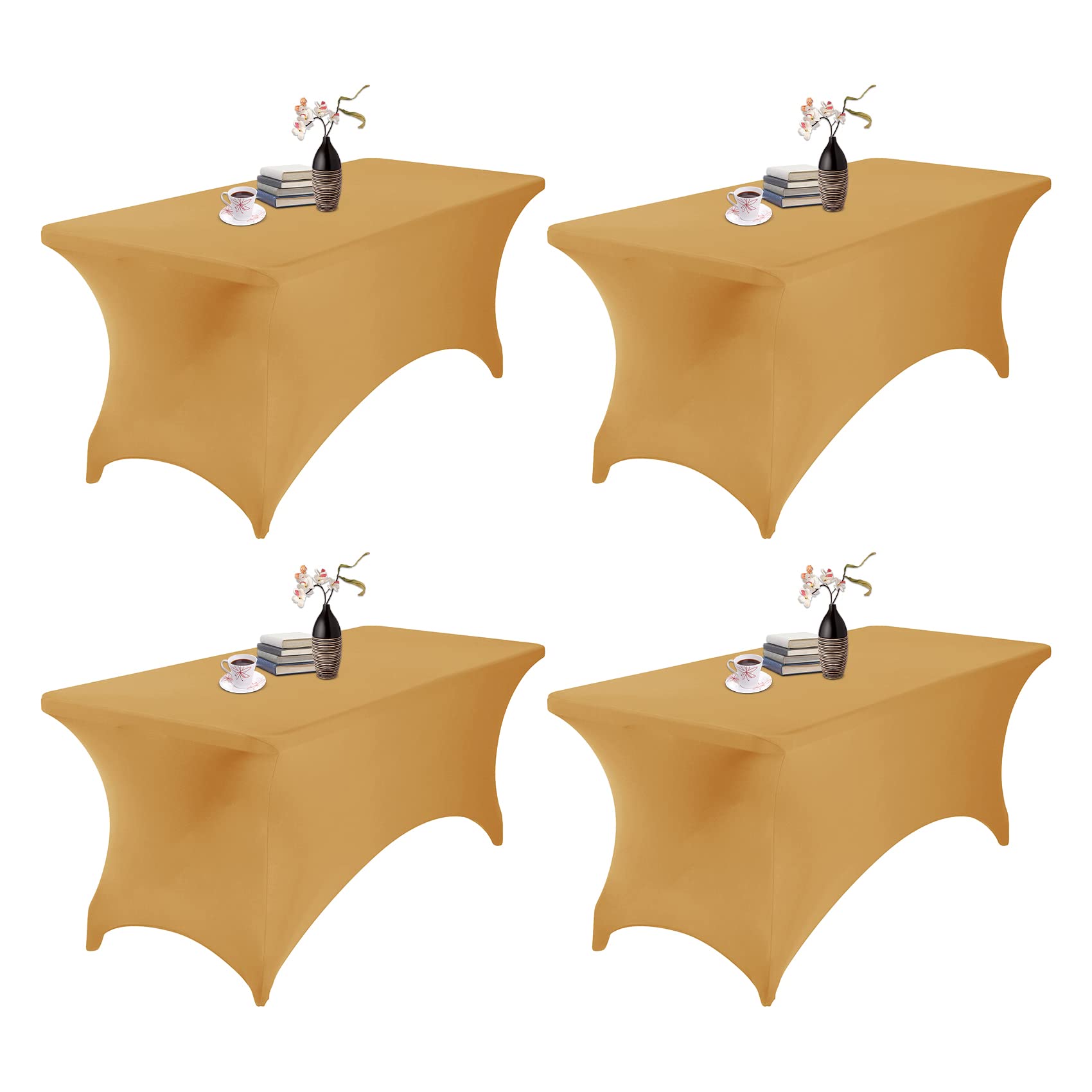 4Pack Spandex Waterproof Table Covers 6ft?Spandex 6ft Waterproof Table Cover for Party,Wedding, Banquet, and Events(Gold)