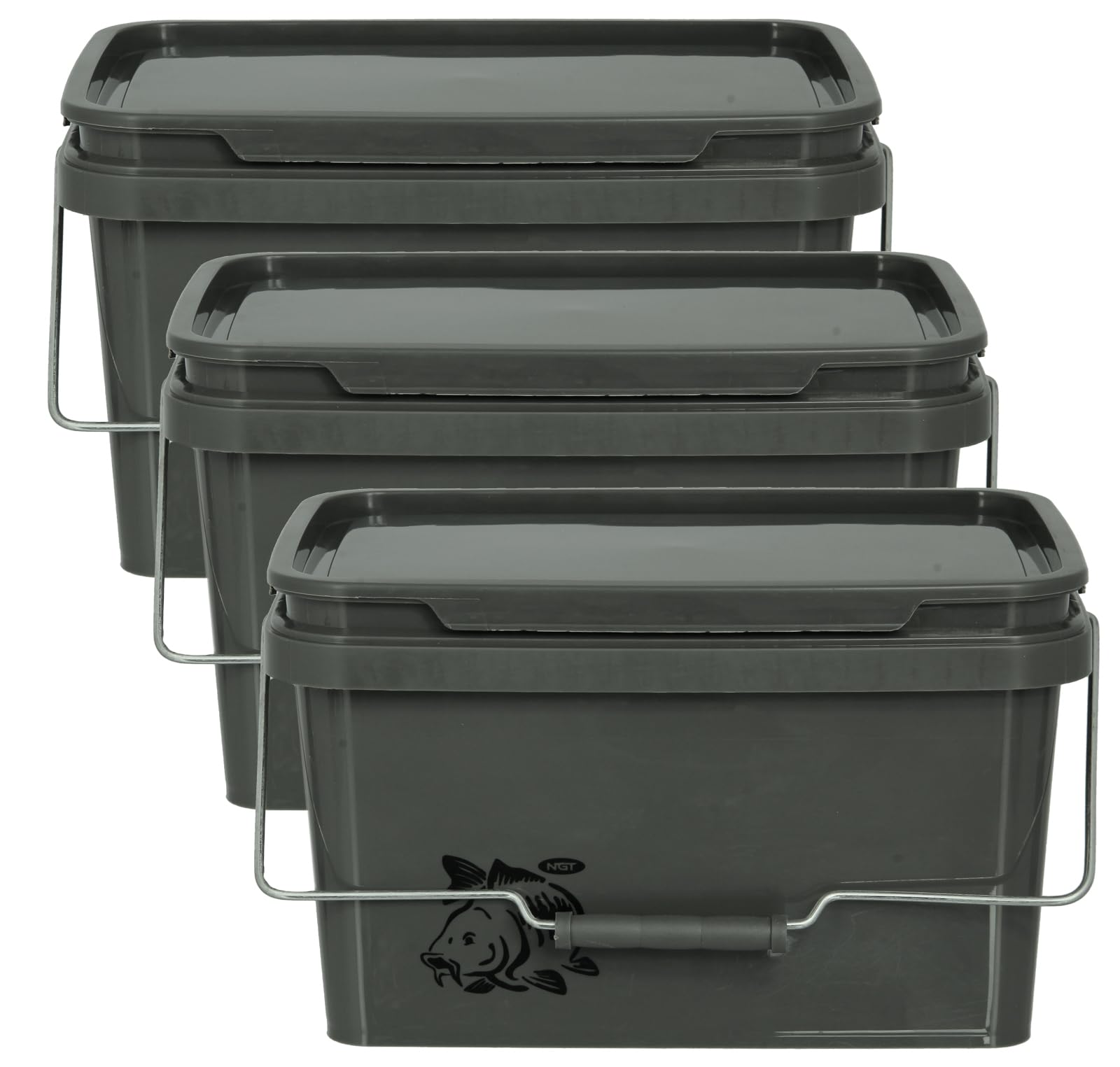 DNA Leisure Green Square Fishing Bait Buckets 5L & 10L Litres Boilies Pellets Spod Mix Carp (3, 10 Litre) - Plastic, Square, Metal Handle, No Lid