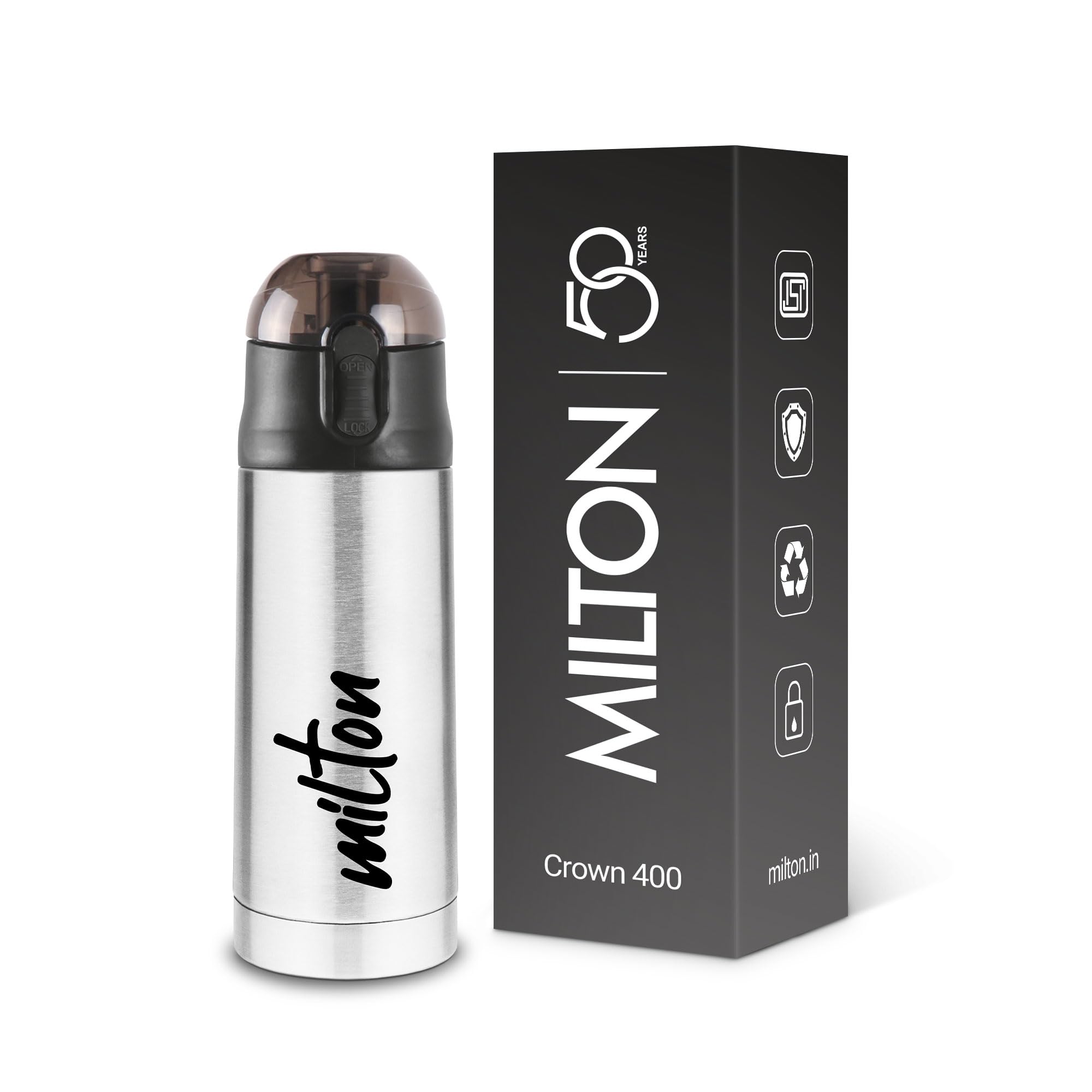 Milton New Crown 400 Thermosteel 24 Hours Hot and Cold Water Bottle, 350 ml, Silver | Easy to Carry | Office Bottle | Hiking | Trekking | Travel Bottle | Gym | Home | Kitchen Bottle