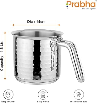 Prabha Stainless Steel Milk Pot With Handle 14cm 1.8 Litre | Hammered Milk Boiler Glass Lid Steam Vent | Tea Container Water Boiling | Coffee/Milk Warmer, Even & Faster Heating | Induction & Gas Stove