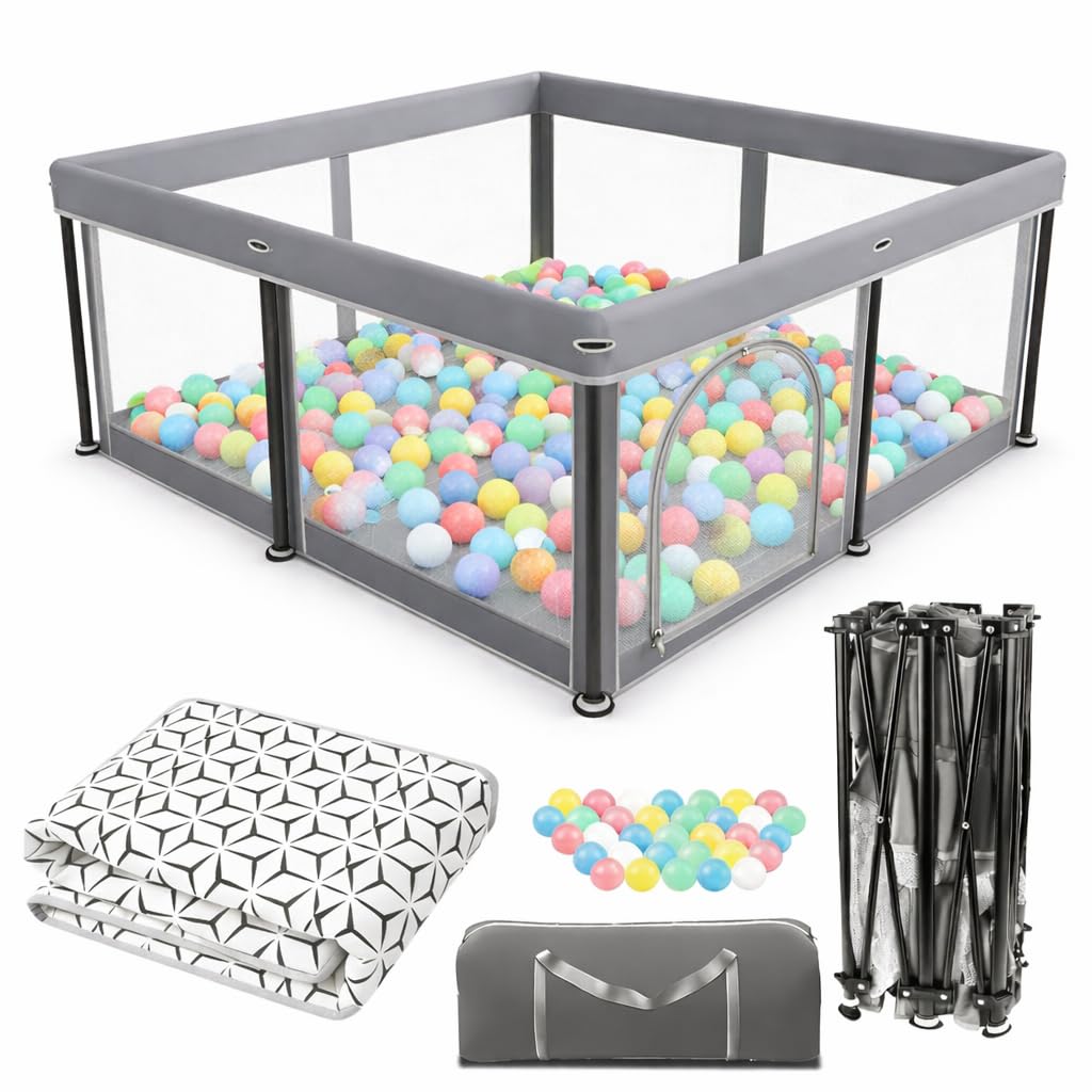 Laufstall Baby Faltbar Playpen with Mat - 127x127CM-Laufgitter, Schneller Aufbau, Sicher & Tragbar für drinnen & draußen (Grau)
