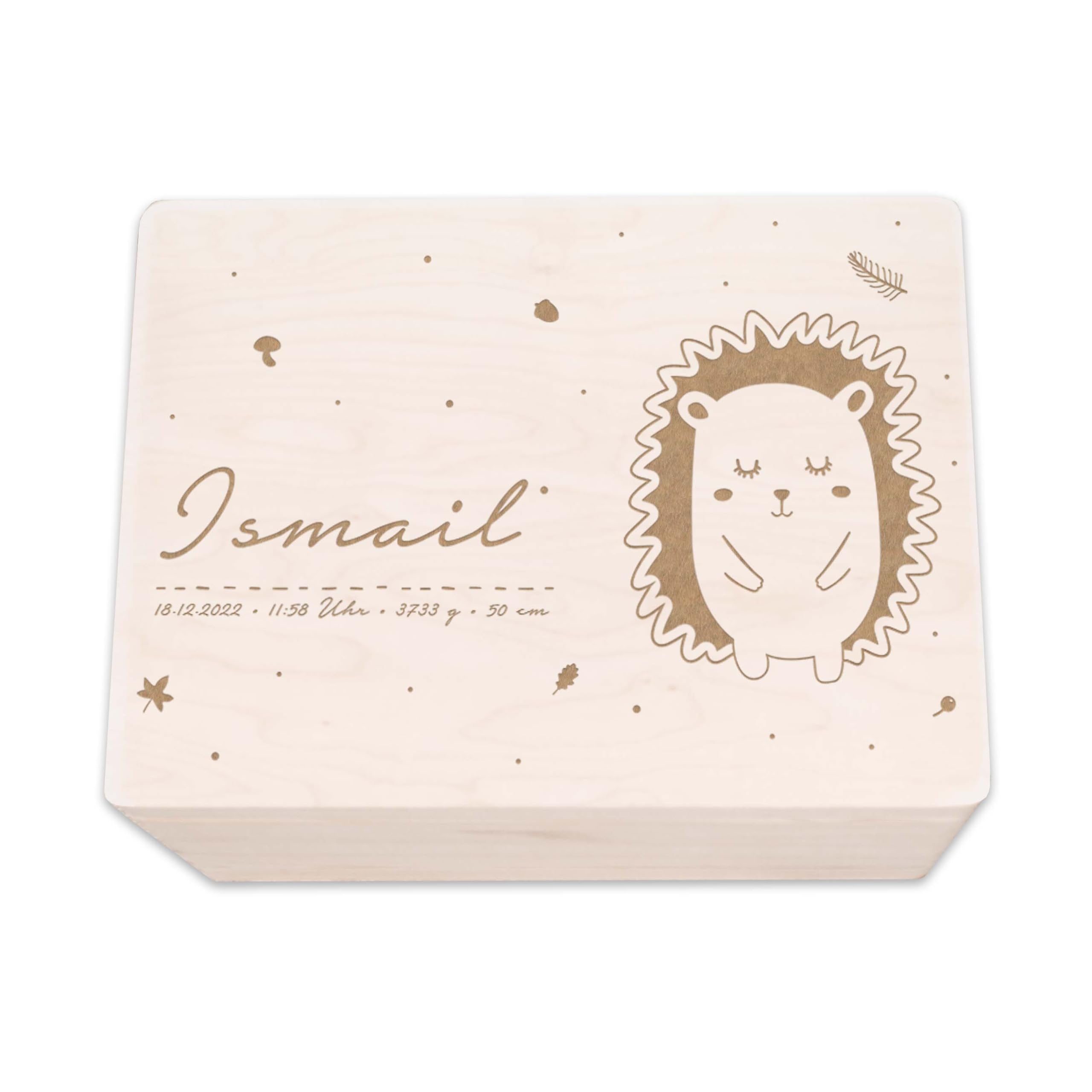 hellomini Personalisierte Erinnerungsbox aus Holz • Gravierte Aufbewahrungsbox mit Namen & Geburtsdaten • Geschenk zur Geburt, Taufe & Geburtstag • Hochwertige Baby-Erinnerungskiste (Igel)