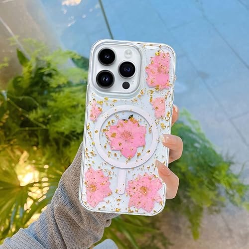 Miniatura 4 de Abbery Funda magnética para iPhone 14 Pro Max de 6.7 pulgadas, compatible con MagSafe Cute Clear with Design Glitter Sparkle Real Dry Pressed Flower