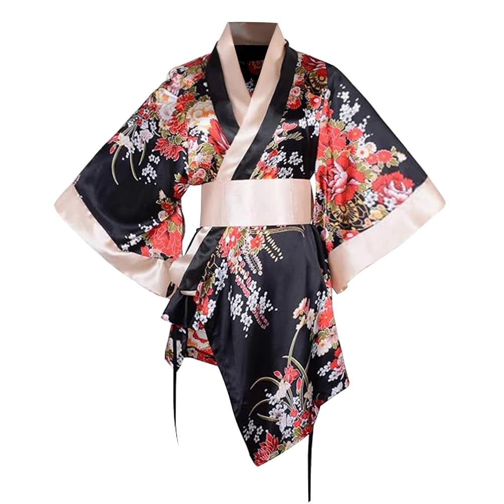 Sexy Short Kimono Costume Robe Satin Floral Patten Japanese Geisha Yukata Sleepwear Bathrobe Dress Obi Belt Outfit (23# Black, Asian Size)
