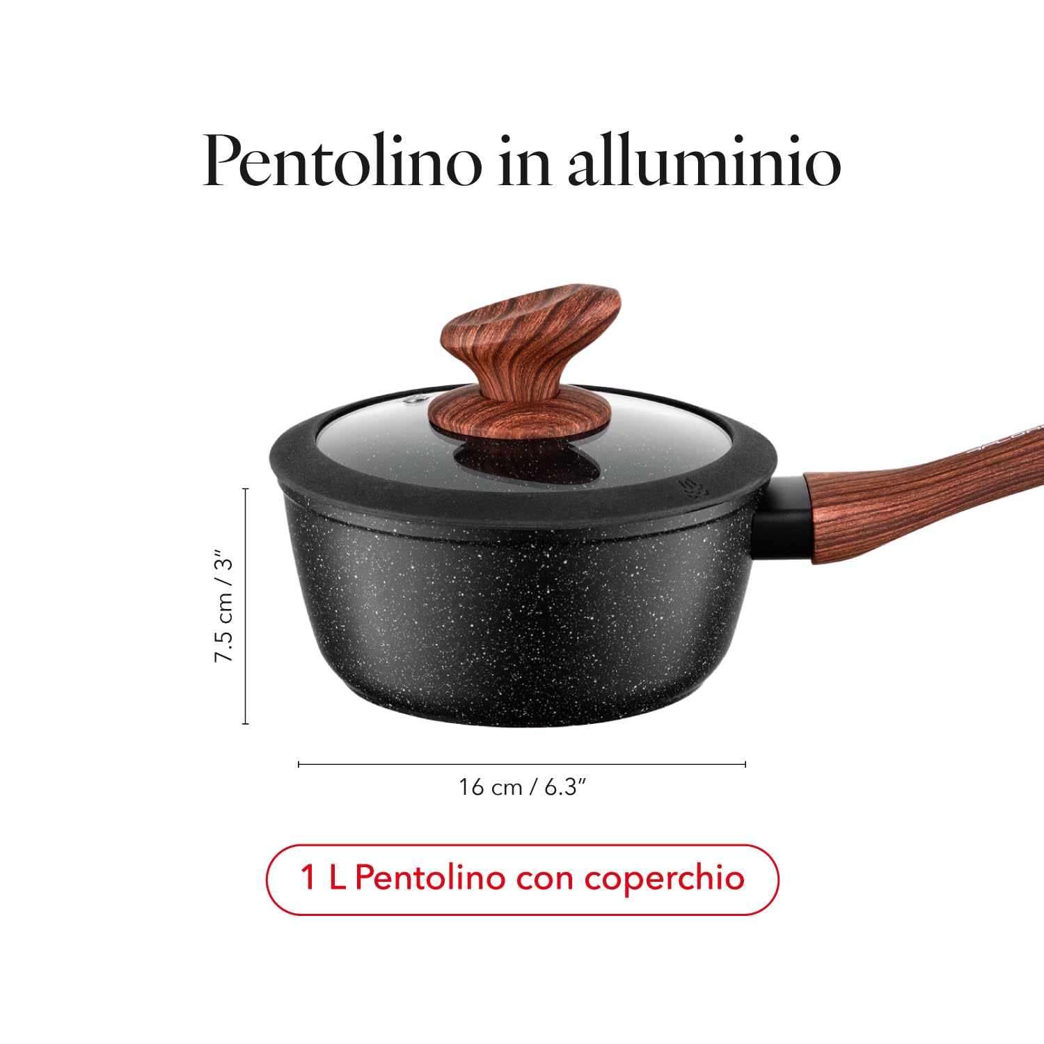 FLORINA MASTER BLACK Casseruola in alluminio 16 cm 1L | Rivestimento antiaderente | Per tutti i tipi di piano cottura, compresa l'induzione | ergonomico soft-touch | Coperchio con bordo in silicone