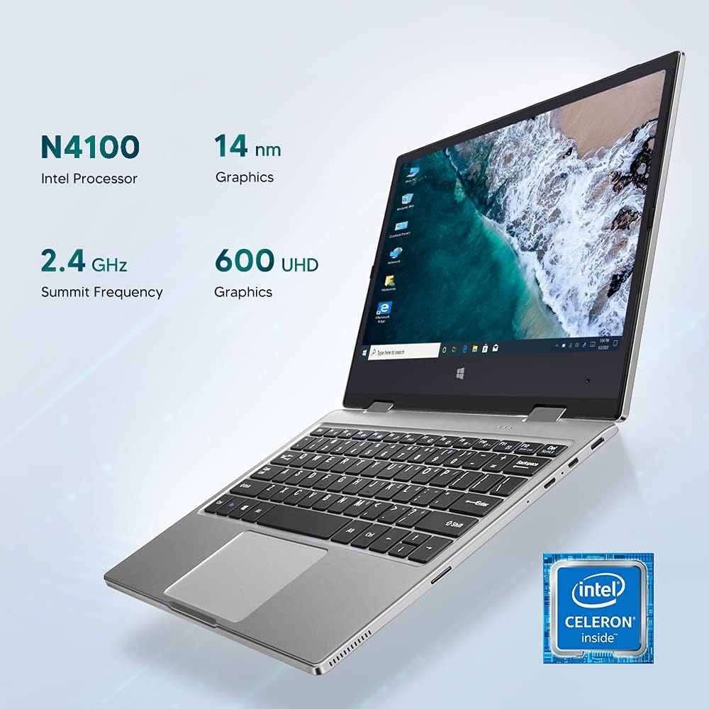 Iproda Laptop displaying Intel Celeron N4100 processor, 2.4 GHz frequency, and Intel UHD Graphics 600.