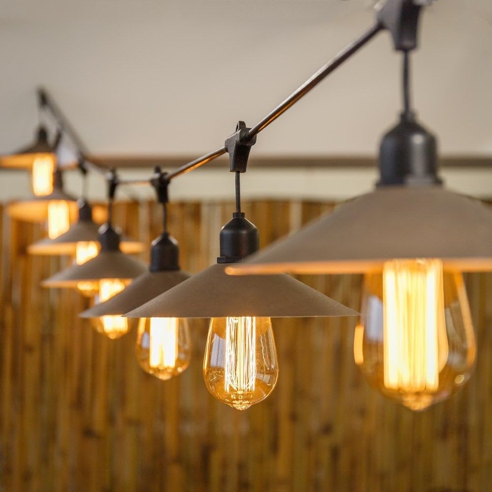 LOLAhome Guirnalda Luces Industrial Exterior 7 Metros y 10 Bombillas 40W | 2. 200K, 1. 800Lm. IP 44. Casquillos E 27 con pantallas de metal bronce. Ampliable extensible. Modelo Chateau