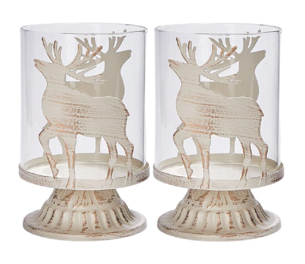 Vintage Candle Holders – Distressed Hurricane Pillar Candlesticks for Christmas Table, Mantel & Fireplace Decor – Available in 4 Designs, Set of 2 Metal Candle Holders - (Deer)