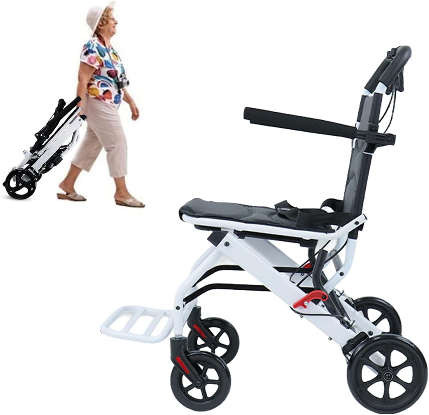 YGNVMCXJG Folding Transport Wheelchair Lightweight 18lbs, Portable Travel Wheelchair for Adults Seniors with Adjustable Safety Strap, Carbon Steel Frame, PU Wheels for Smooth Ride
