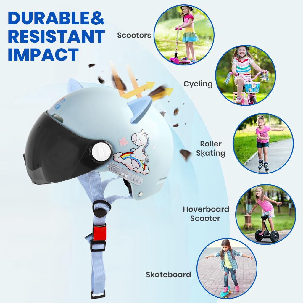 PROBEROS Kids Bike Scooter Safety Helmet Ages 7-14 Unicorn UV Visor Blue 1