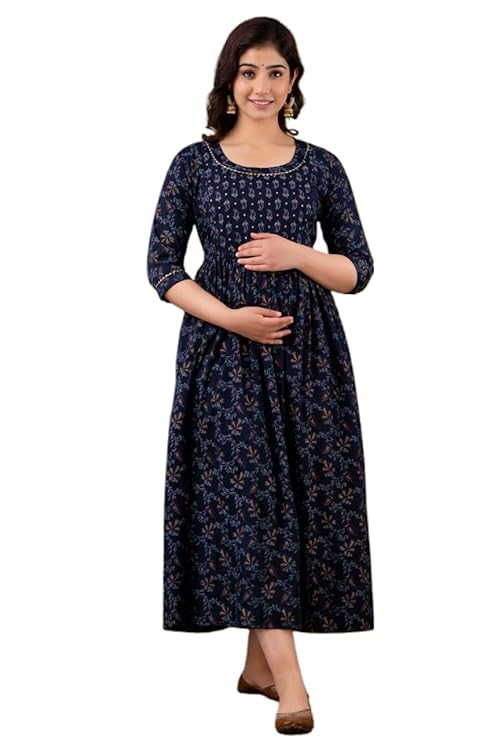 Women's Cotton Maternity Anarkali Kurti Comfortable Nursing Feeding Kurta Dress with Both Side Zippers