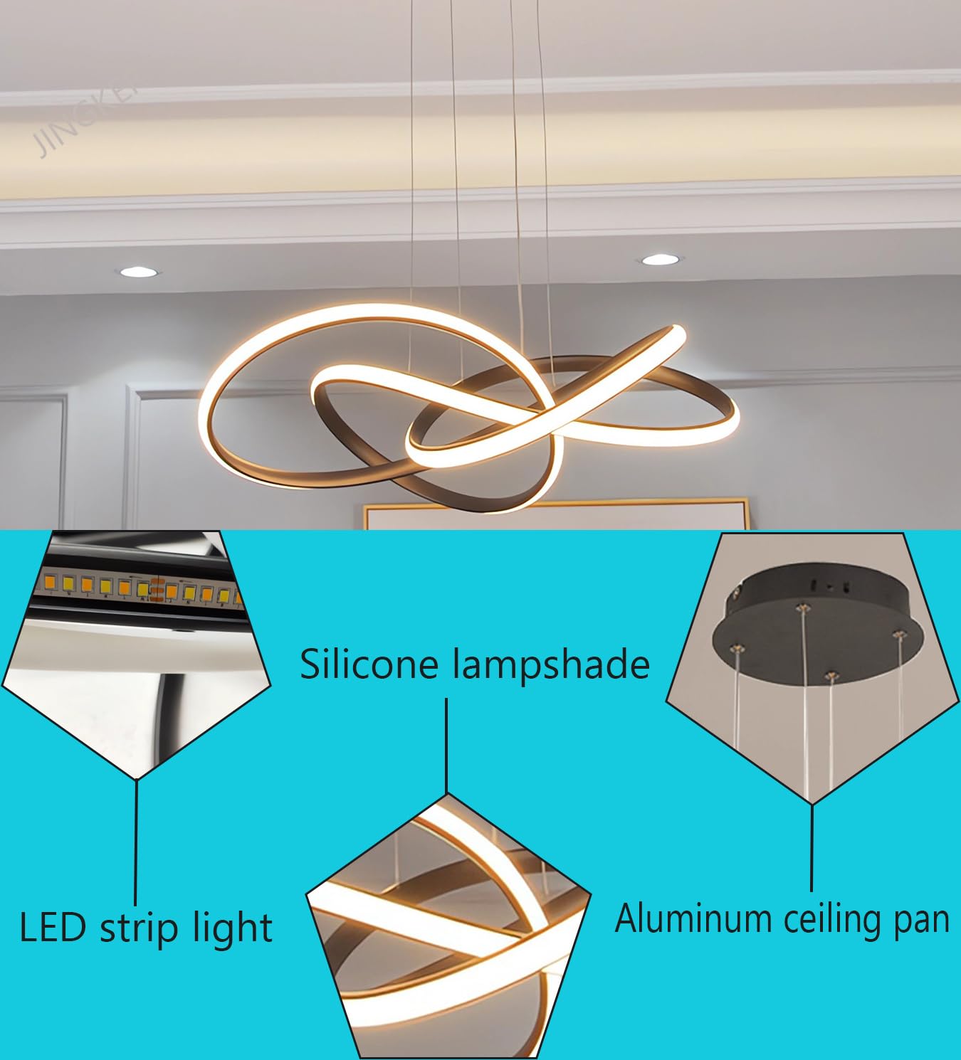 Lampa wisząca LED Nowoczesna kreatywna lampa wisząca Lampa wisząca w kształcie pierścienia Z regulacją jasności za pomocą pilota Regulowana wysokość 3000K-6000K do salonu jadalni gabinetu (Czarny)