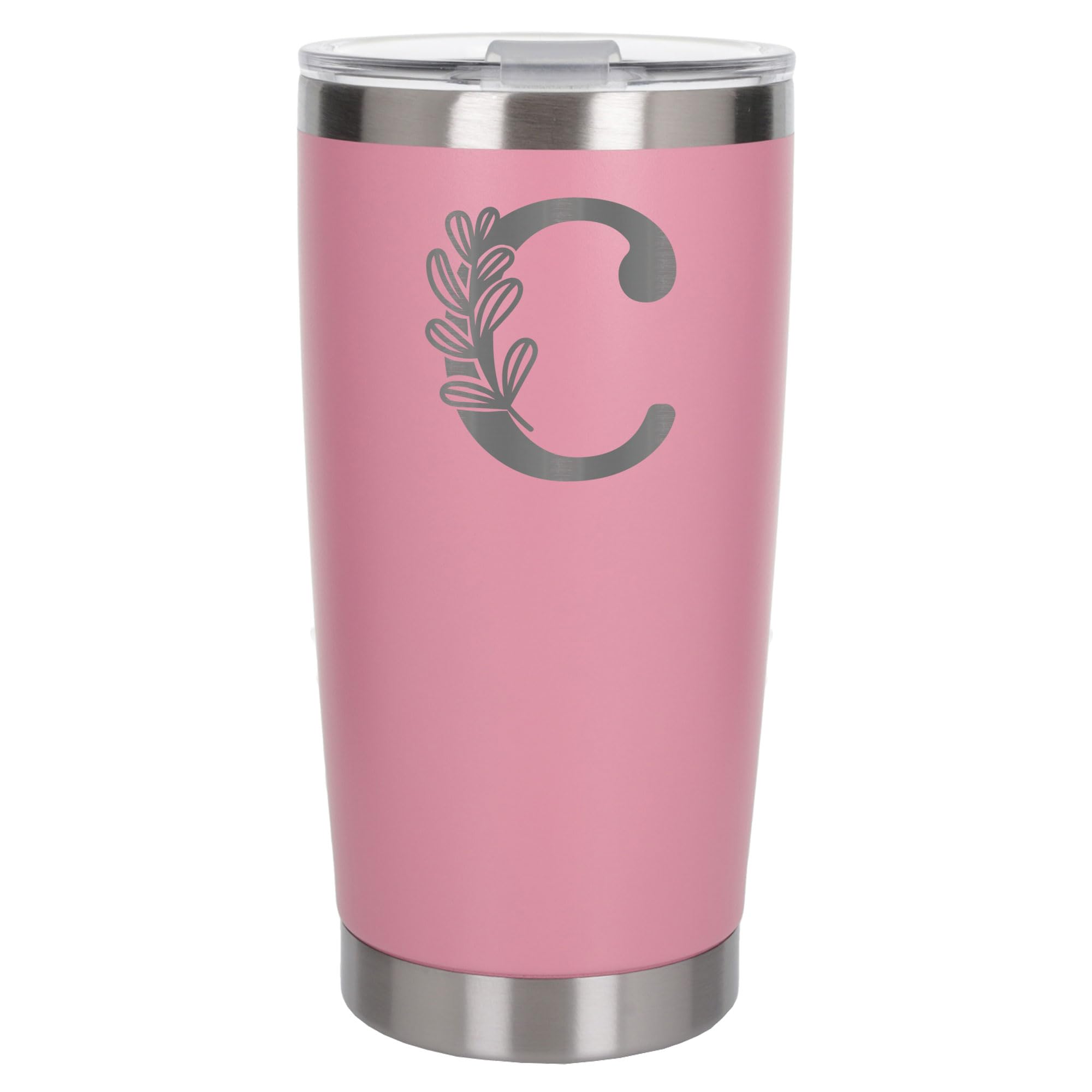 Customised Gifts 500ml Engraved Floral Initial Monogram Insulated Personalised Light Pink Travel Mug for Men and Women - Personalised Initial Coffee Travel Mug for Hot and Cold Beverages, Letter C