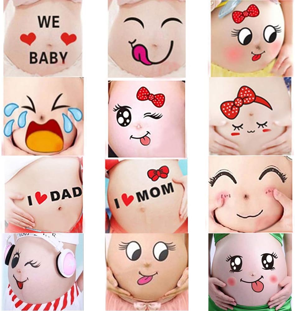 Fashionme Funny Facial Expressions Pregnancy Baby Bump Belly Stickers Maternity Week Stickers Photography Props (12 Sheets)
