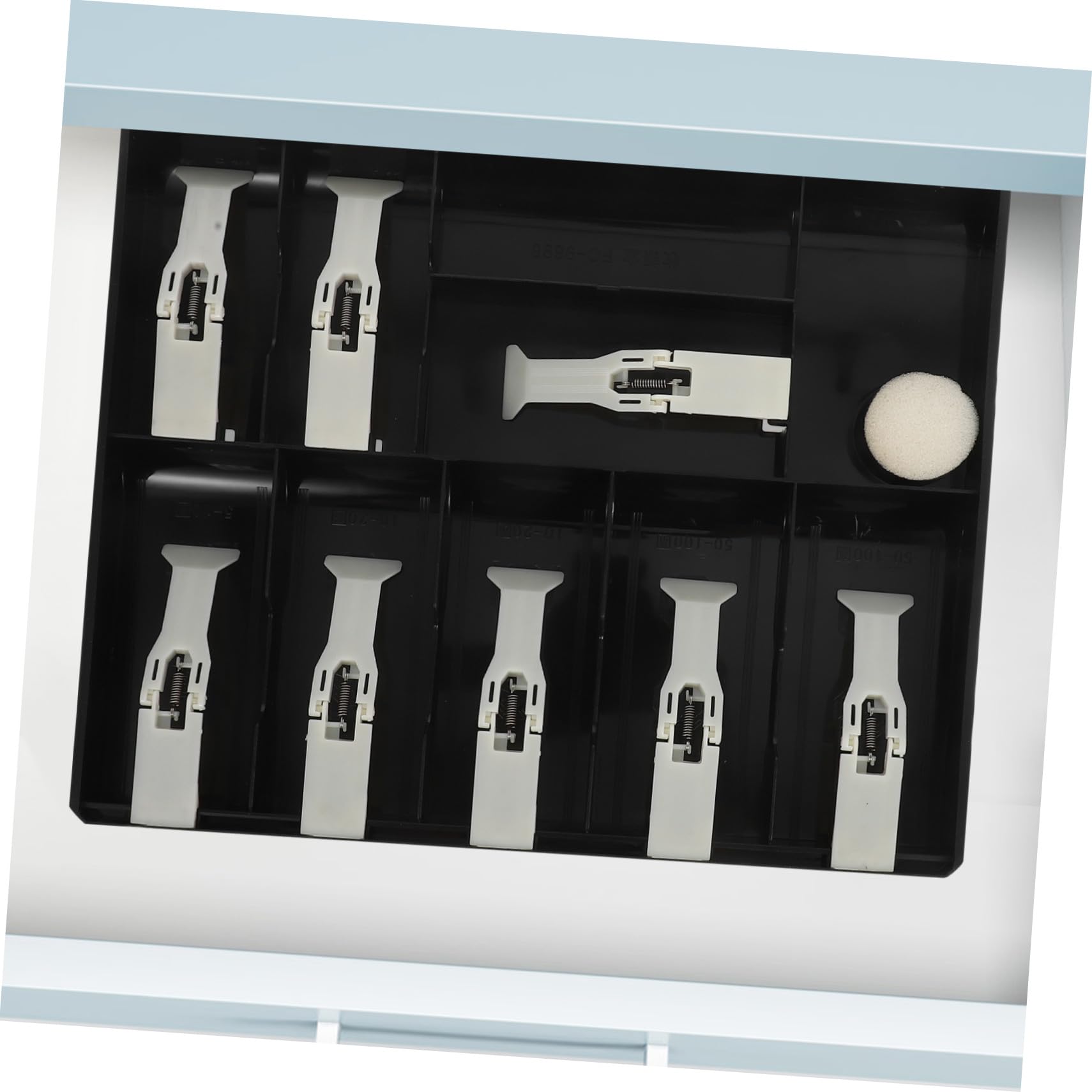 Scatola Portamonete Multi-scomparto in Plastica Nera per Cassa di Negozio, Organizer per Banconote con Chiusure a Clip e Meccanismo di Accesso Rapido