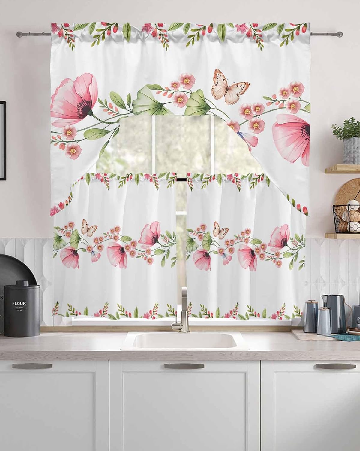 Floral Butter-fly Swag Kitchen Curtain Sets with Valance,3 Pieces Rod Pocket Curtain Drapes for Bedroom Living Room Bathroom Cafe Windows,Green Leaves Pink Flower White 56''x36'' & 36''x27.5''x2Panels