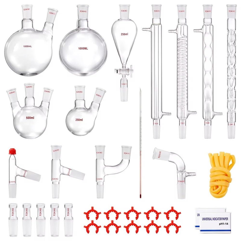 Dyetee One Color Lab Distillation Kit 32Pcs Set Glassware Distillation Kit With 24/40 Joint 1000Ml Essential Oil Apparatus Kit